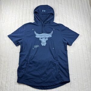 Under Armour Project Rock RSPCT Short Sleeve Hoodie Navy Men's Medium Loose Fit